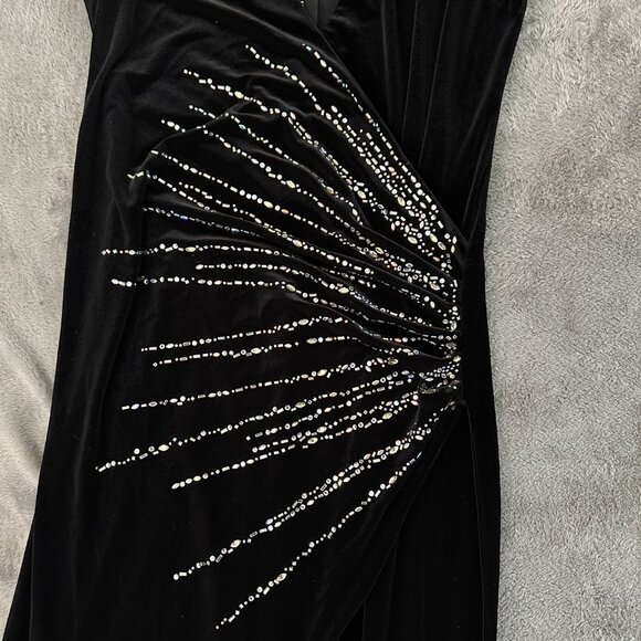 Balmain Black Velvet Embellished Ruched Slit Front Gown Dress size 46 - Picture 4 of 10